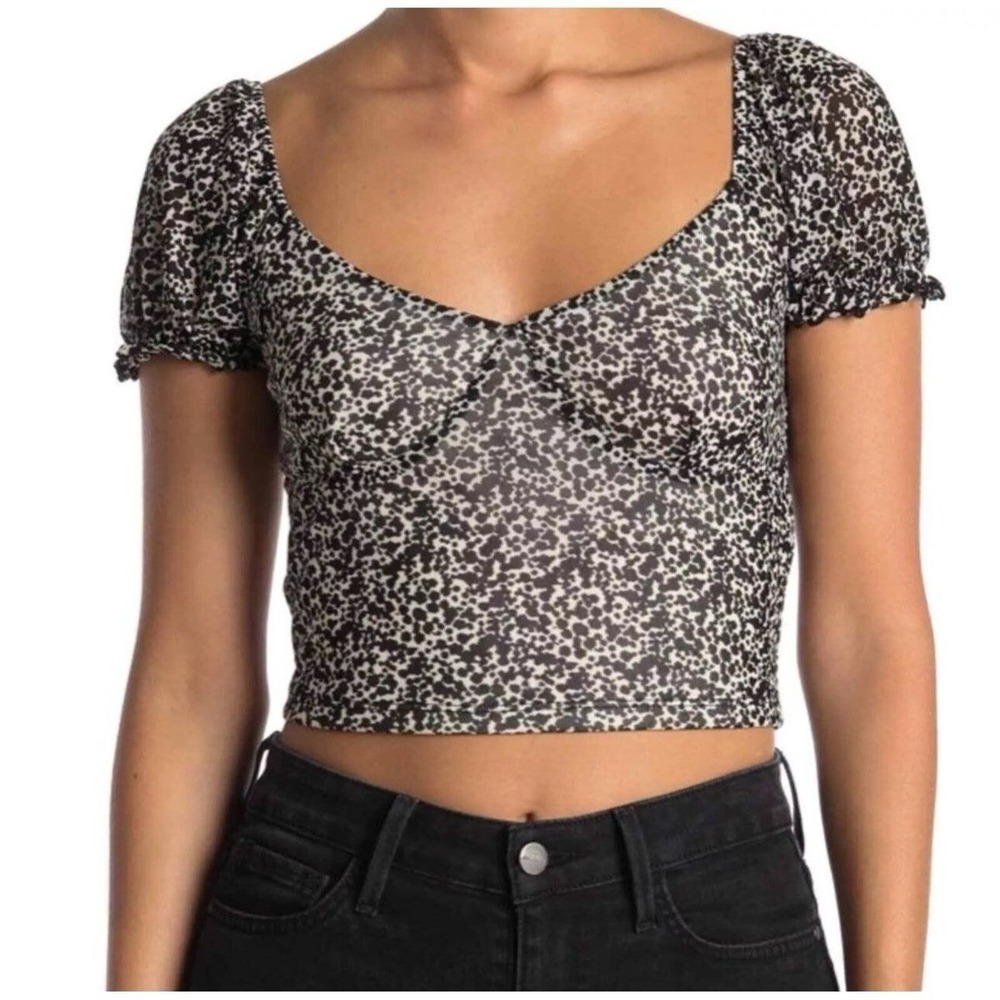 Abound Puff Sleeve Crop Top M Black White Animal Print Sweetheart‎ Y2K Coquette